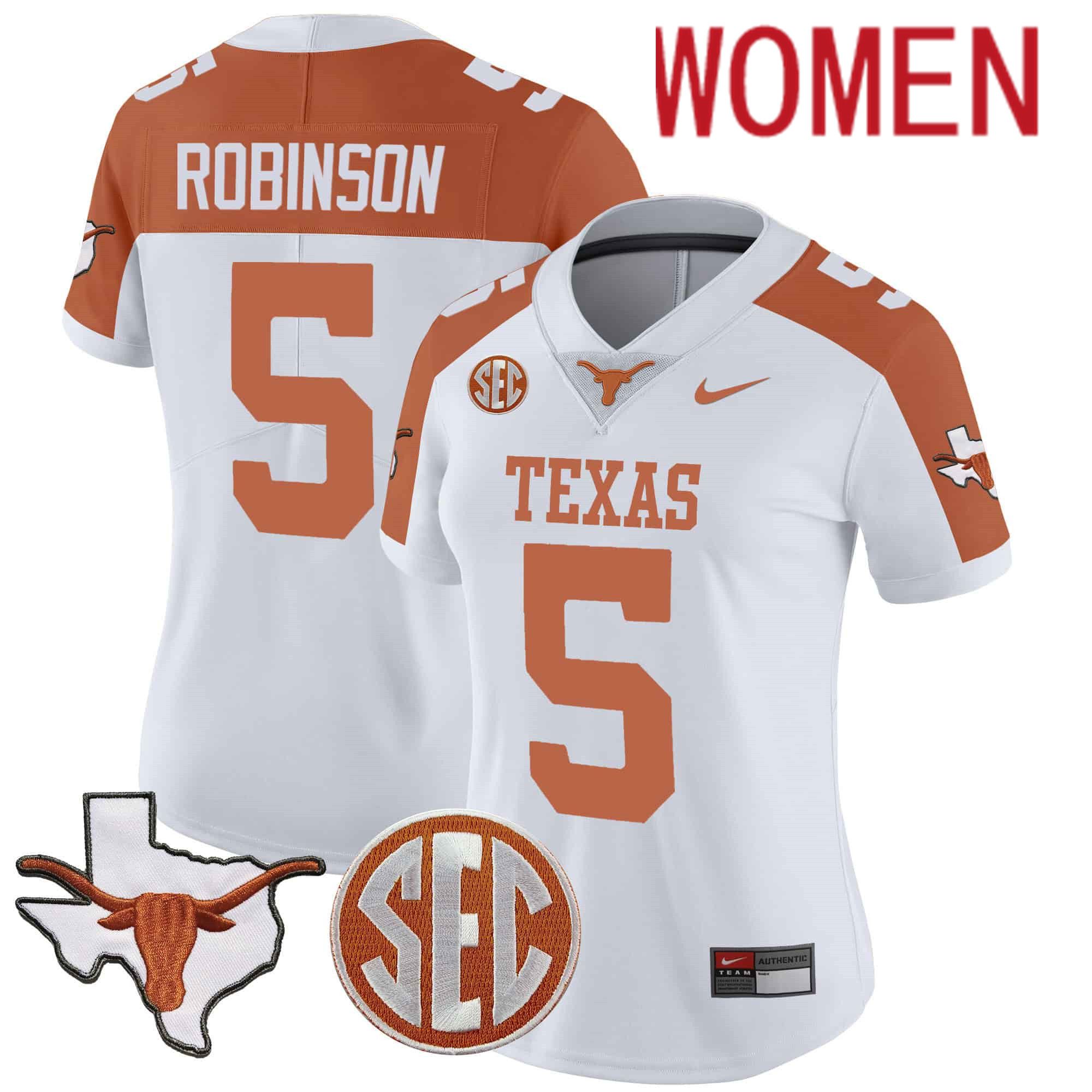 Women Texas Longhorns #5 Robinson White 2024 Nike State Map & SEC Patch Vapor NCAA Jersey style 1